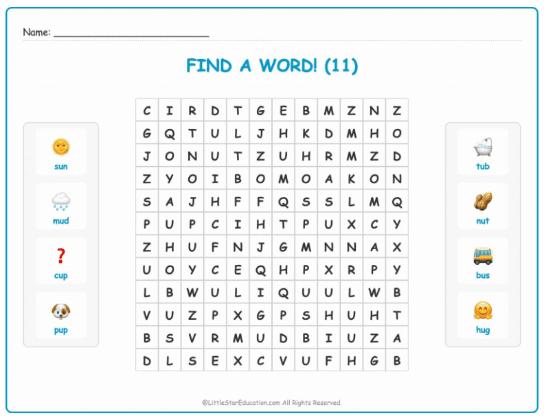CVC Word Search – Short “u” Sound Words for Kids