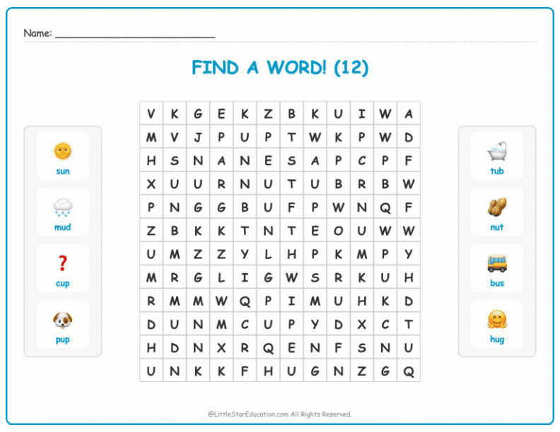 CVC Word Search – Short “u” Sound Words for Kids