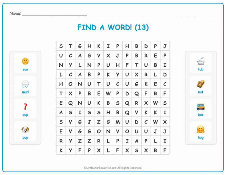 CVC Word Search – Short “u” Sound Words for Kids