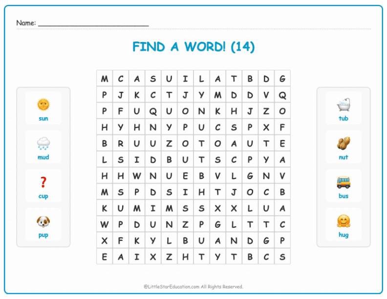 CVC Word Search – Short “u” Sound Words for Kids