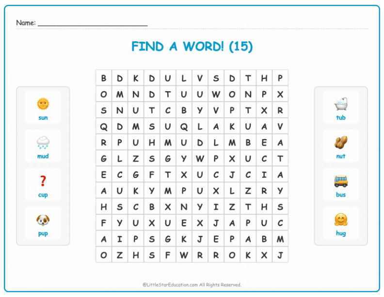 CVC Word Search – Short “u” Sound Words for Kids