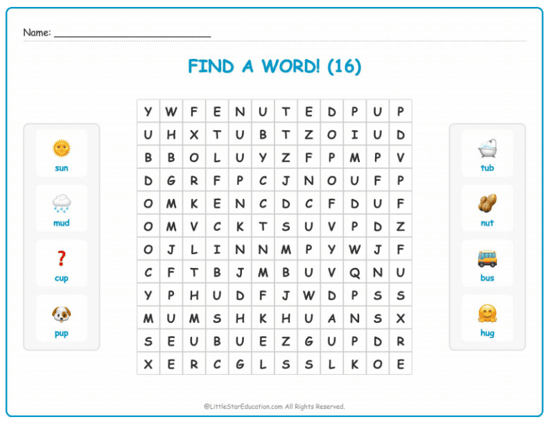 CVC Word Search – Short “u” Sound Words for Kids