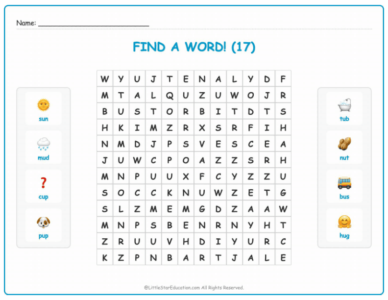 CVC Word Search – Short “u” Sound Words for Kids