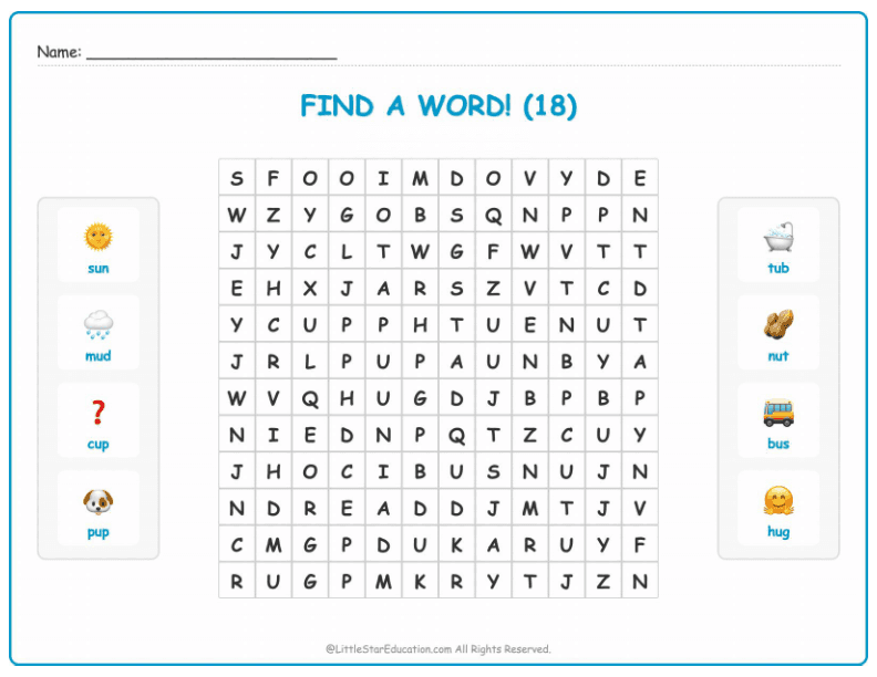 CVC Word Search – Short “u” Sound Words for Kids