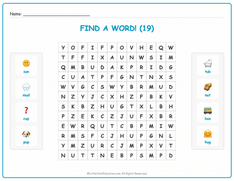 CVC Word Search – Short “u” Sound Words for Kids