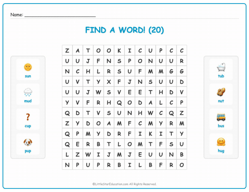CVC Word Search – Short “u” Sound Words for Kids