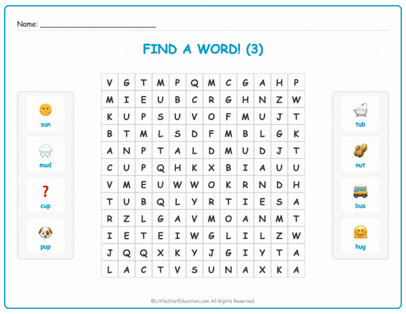 CVC Word Search – Short “u” Sound Words for Kids