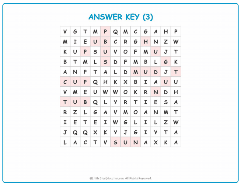 CVC Word Search – Short “u” Sound Words for Kids