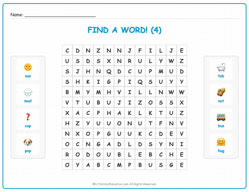 CVC Word Search – Short “u” Sound Words for Kids