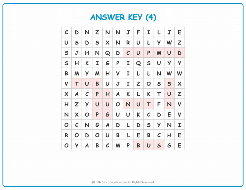 CVC Word Search – Short “u” Sound Words for Kids