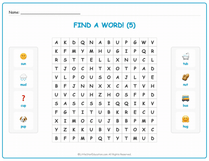 CVC Word Search – Short “u” Sound Words for Kids