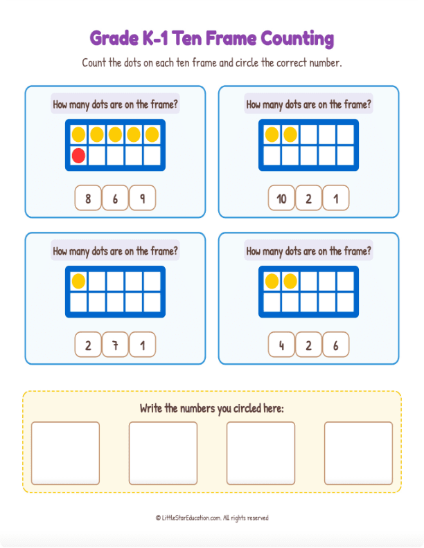 Grade K1 Ten Frame Counting 1 to 10  Workbook