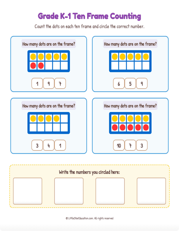 Grade K1 Ten Frame Counting 1 to 10  Workbook