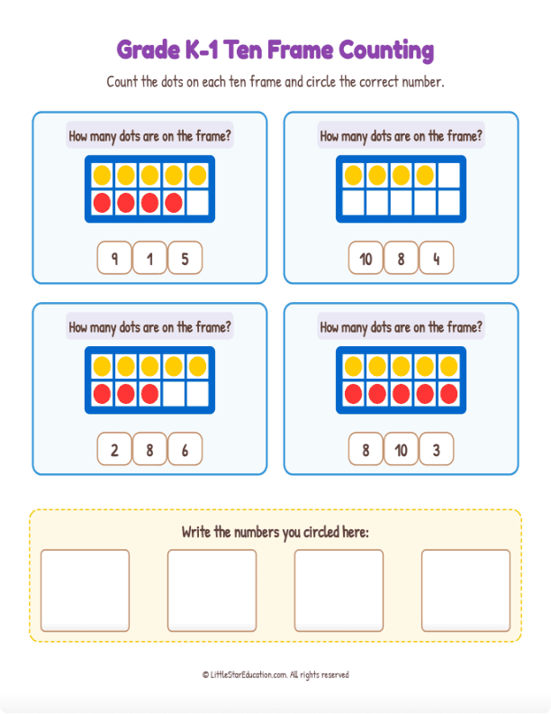 Grade K1 Ten Frame Counting 1 to 10  Workbook