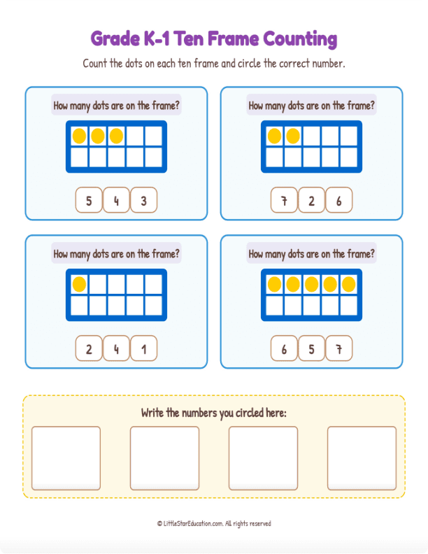 Grade K1 Ten Frame Counting 1 to 10  Workbook