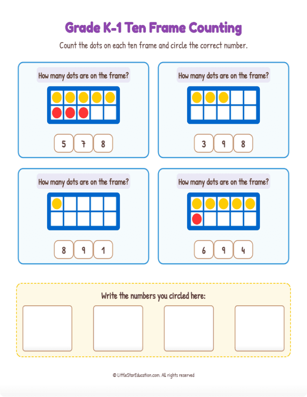 Grade K1 Ten Frame Counting 1 to 10  Workbook