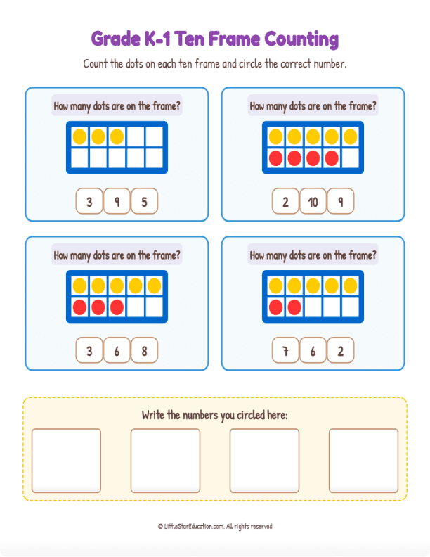 Grade K1 Ten Frame Counting 1 to 10  Workbook