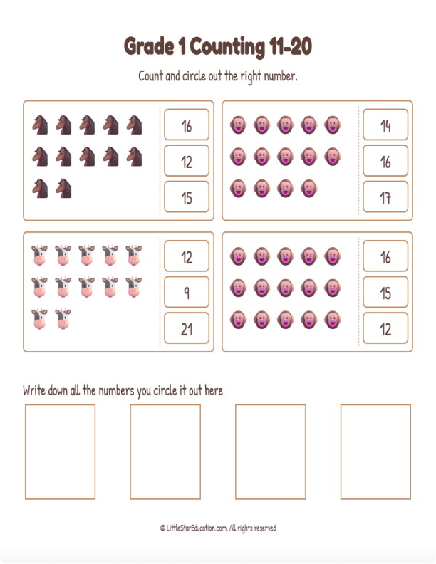 Grade 1 Counting 11 to 20 Workbook