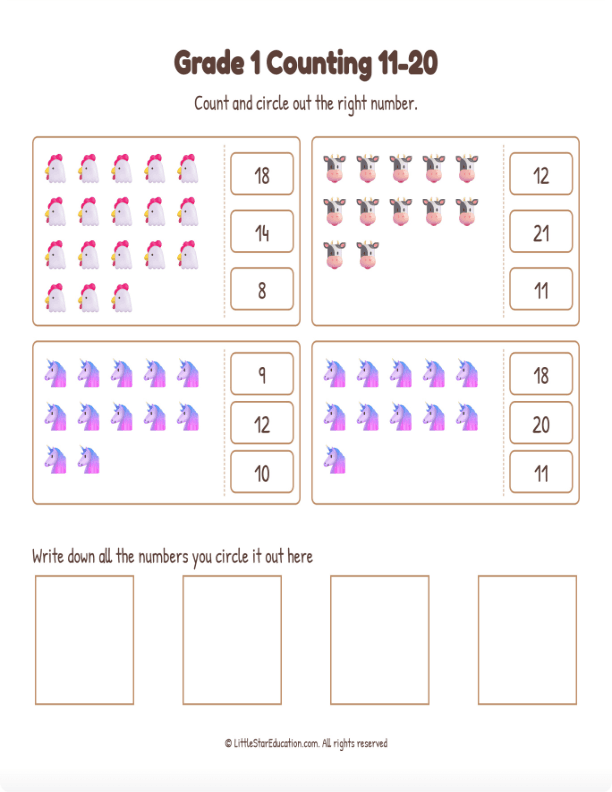 Grade 1 Counting 11 to 20 Workbook
