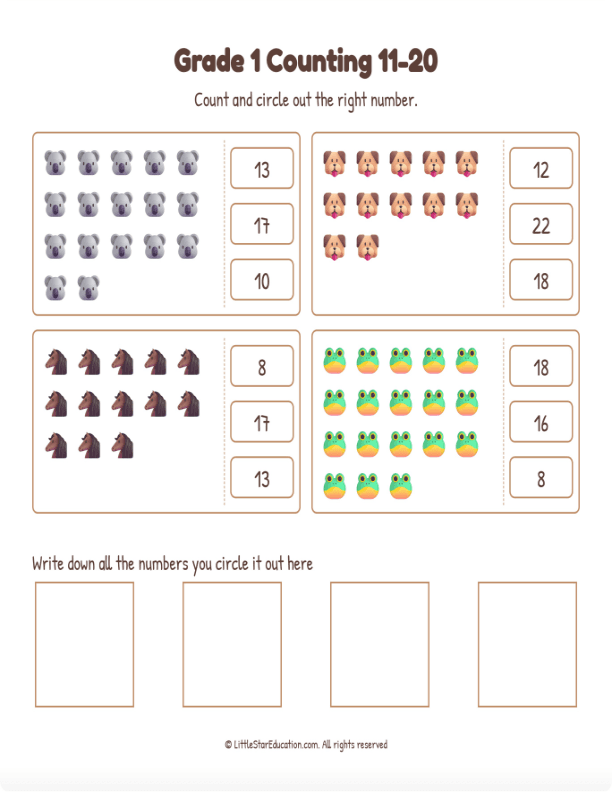 Grade 1 Counting 11 to 20 Workbook