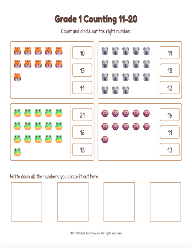 Grade 1 Counting 11 to 20 Workbook