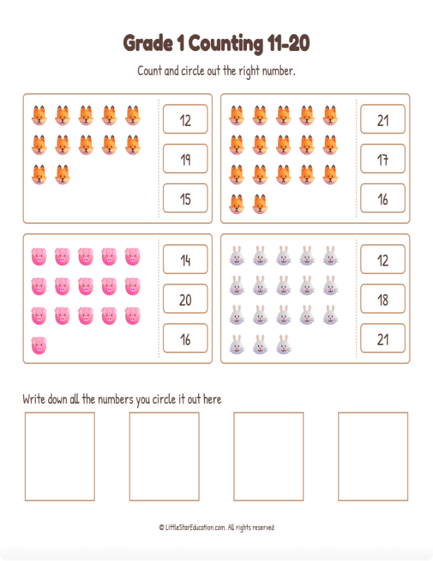 Grade 1 Counting 11 to 20 Workbook