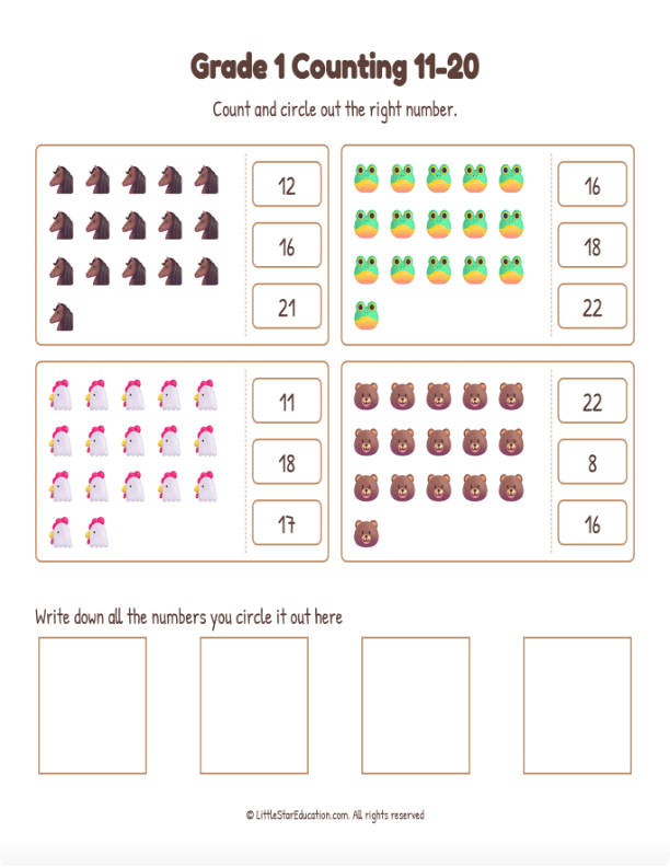Grade 1 Counting 11 to 20 Workbook