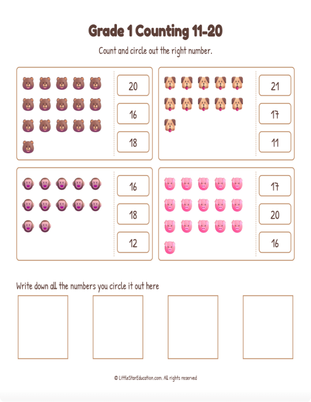Grade 1 Counting 11 to 20 Workbook