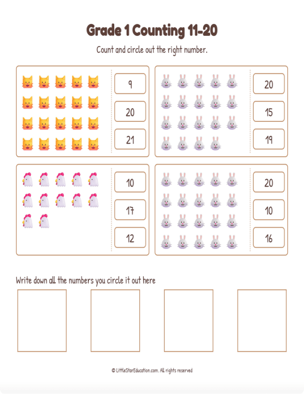 Grade 1 Counting 11 to 20 Workbook