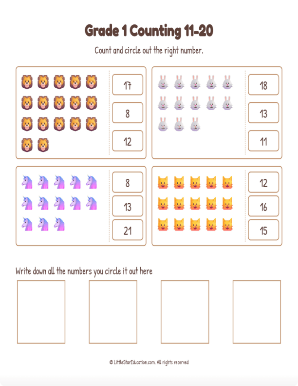 Grade 1 Counting 11 to 20 Workbook