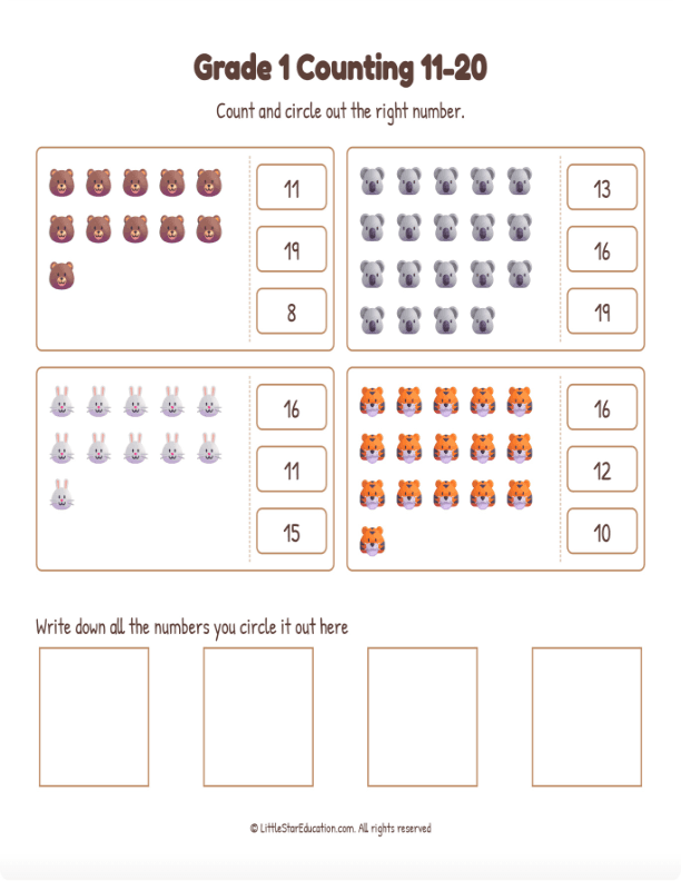 Grade 1 Counting 11 to 20 Workbook