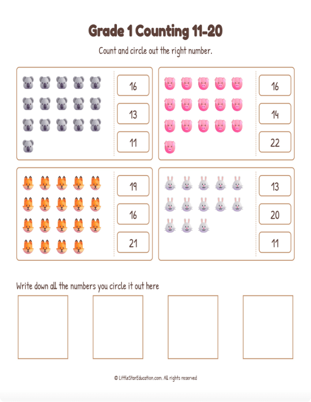 Grade 1 Counting 11 to 20 Workbook