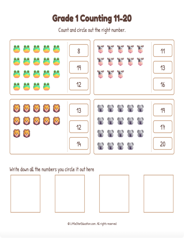 Grade 1 Counting 11 to 20 Workbook