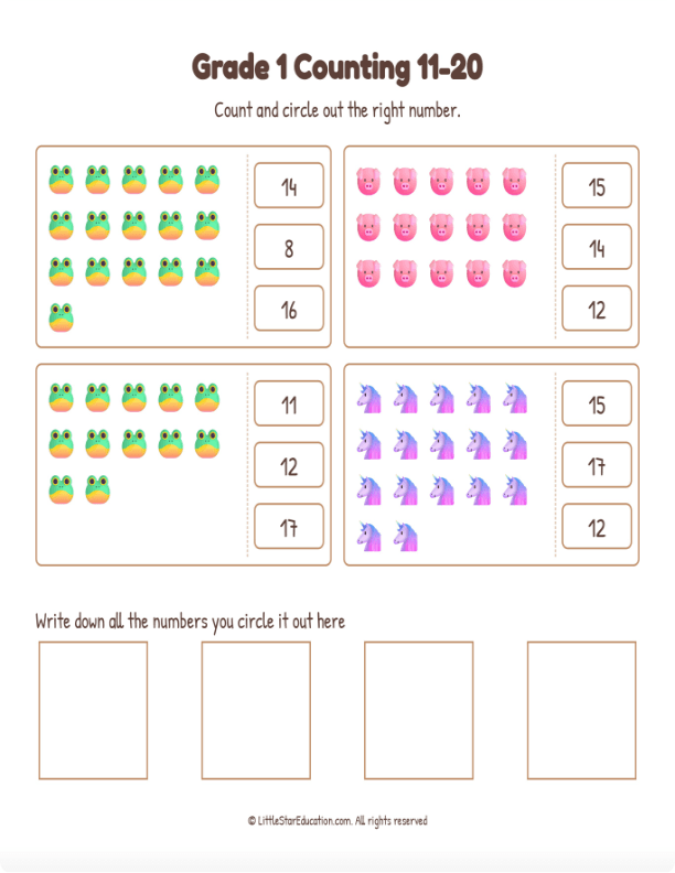 Grade 1 Counting 11 to 20 Workbook