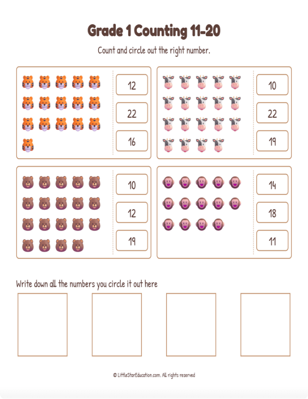 Grade 1 Counting 11 to 20 Workbook