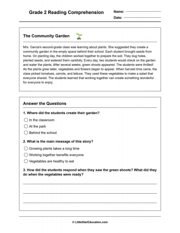 Grade 2 Reading Comprehension Workbook- Level 1