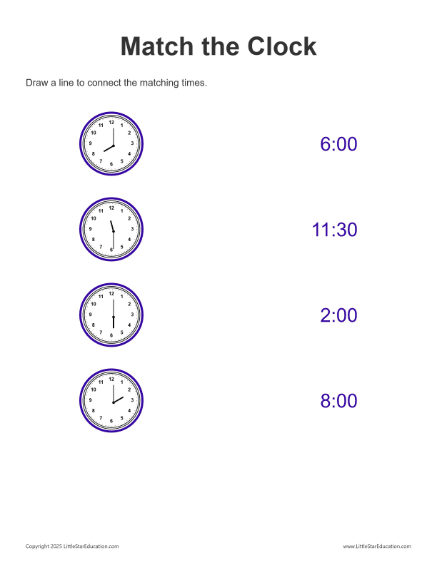 Match the Clock: Half Hour - 12 Hour