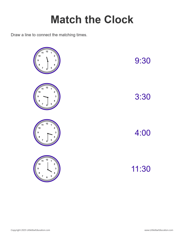 Match the Clock: Half Hour - 12 Hour