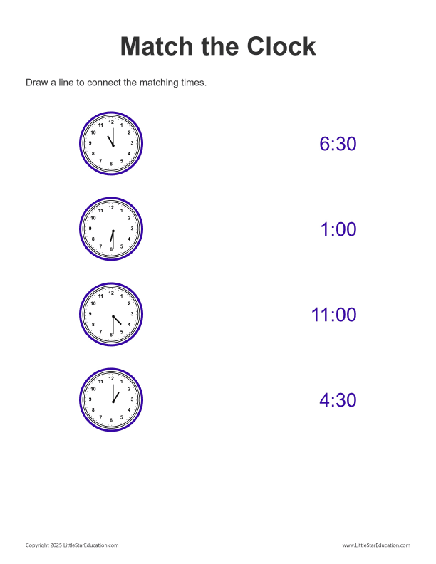 Match the Clock: Half Hour - 12 Hour
