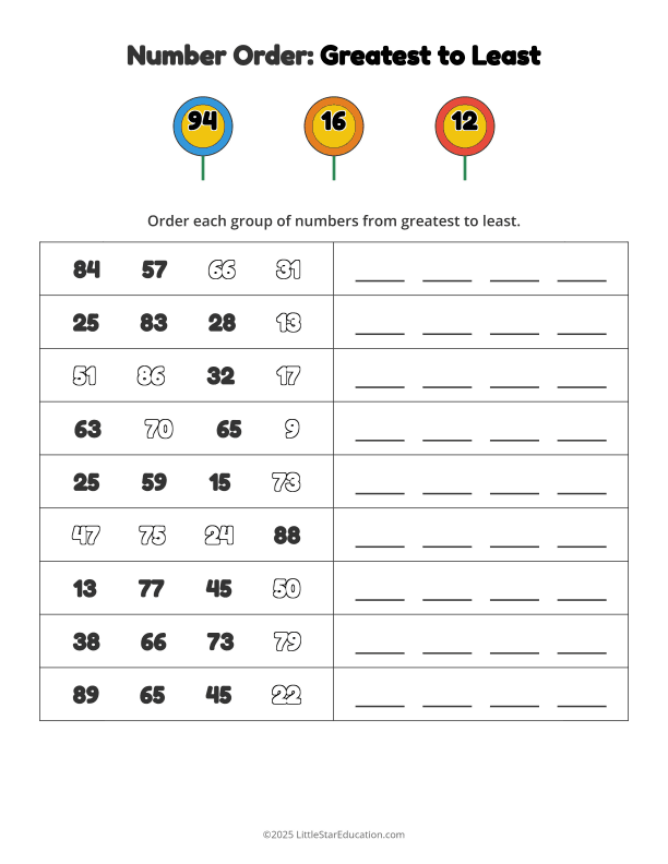 Number Order Greatest to Least Worksheet