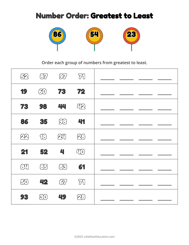Number Order Greatest to Least Worksheet