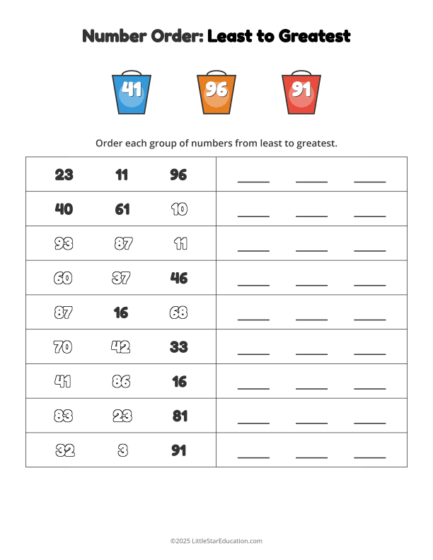 Number Order Worksheet - Least to Greatest
