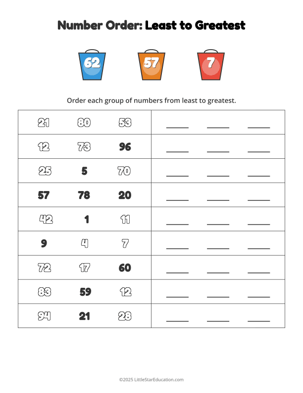Number Order Worksheet - Least to Greatest