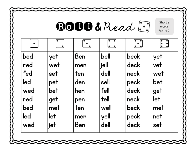 Roll and Read Short 'e' Words Practice