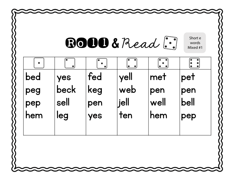 Roll and Read Short 'e' Words Practice