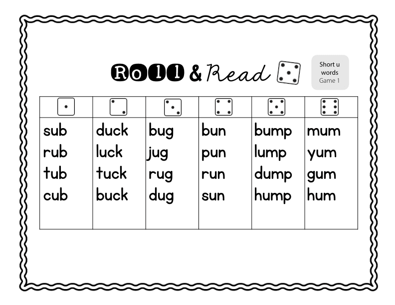 Roll and Read Short 'u' Words Practice