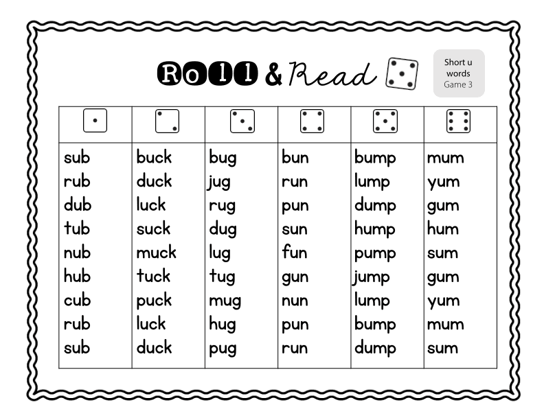 Roll and Read Short 'u' Words Practice