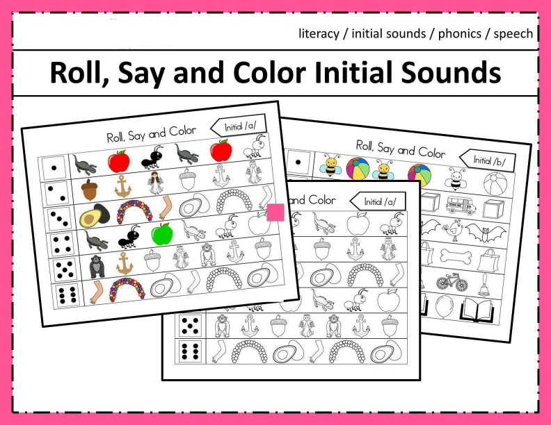 Roll, Say, and Color Initial Sounds Worksheet