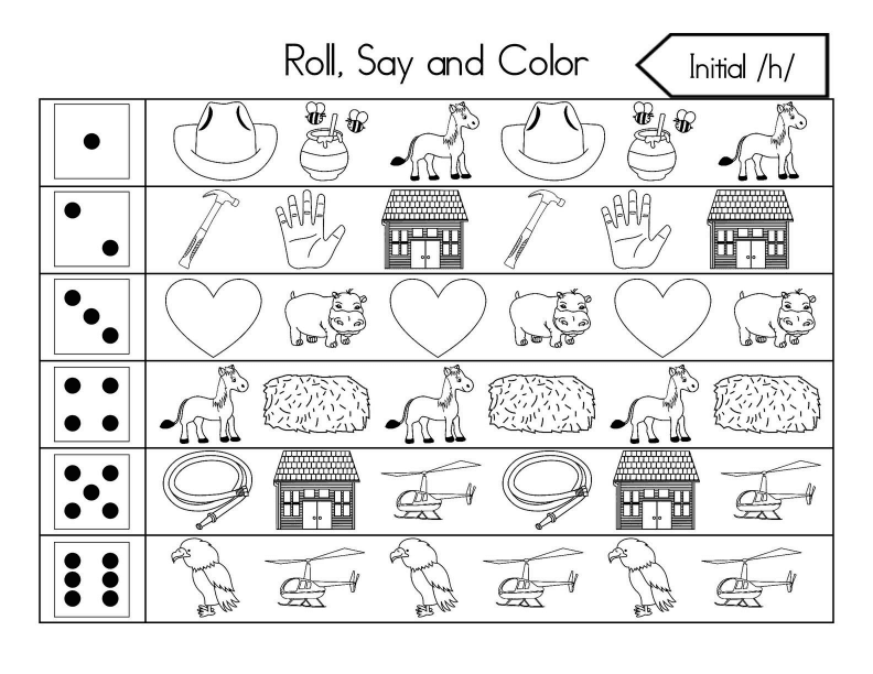 Roll, Say, and Color Initial Sounds Worksheet