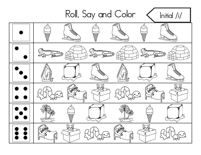 Roll, Say, and Color Initial Sounds Worksheet